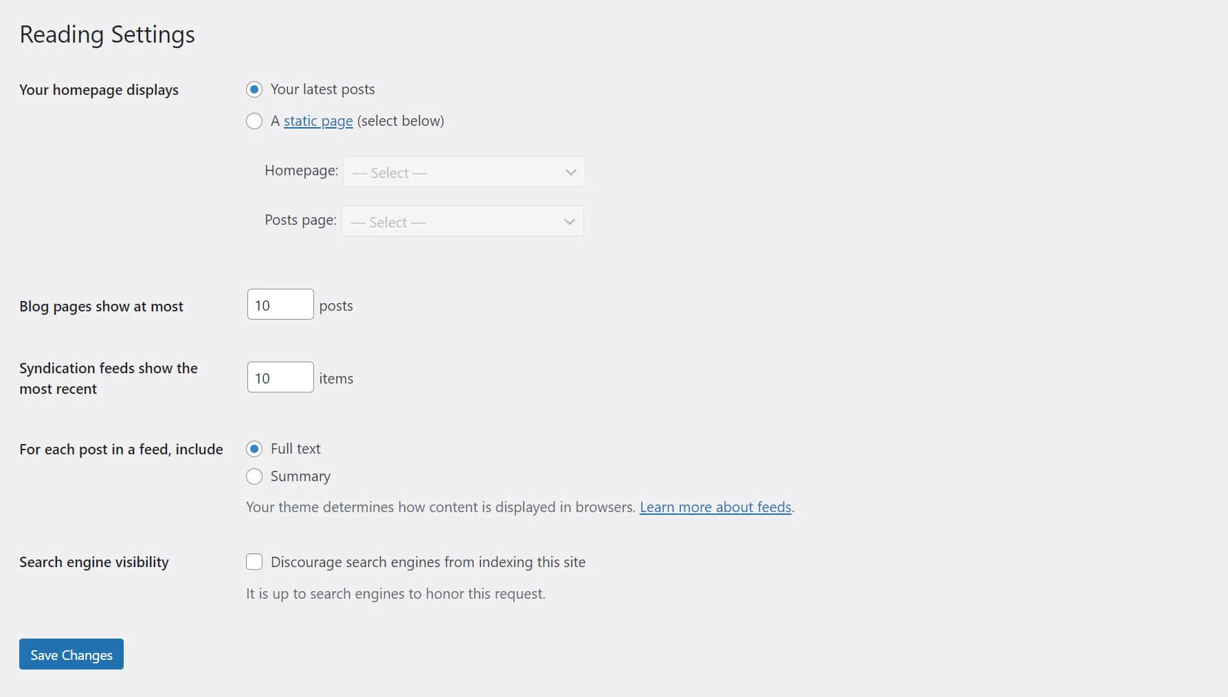 La configuración de lectura de WordPress.