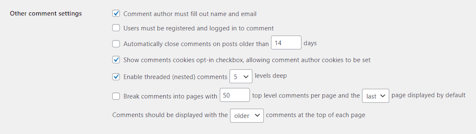 Otras configuraciones de comentarios en WordPress.