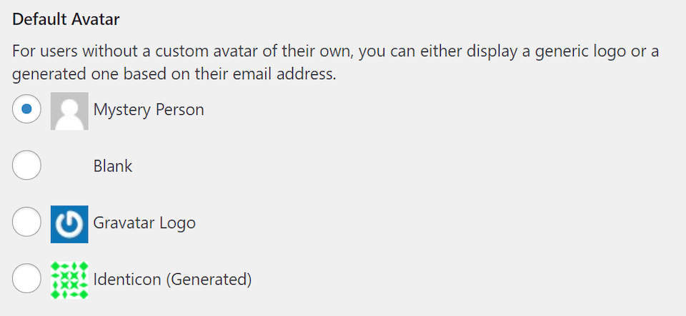 Las opciones de avatar predeterminadas en WordPress.