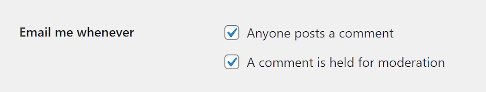 La configuración de discusión de notificaciones por correo electrónico en WordPress.