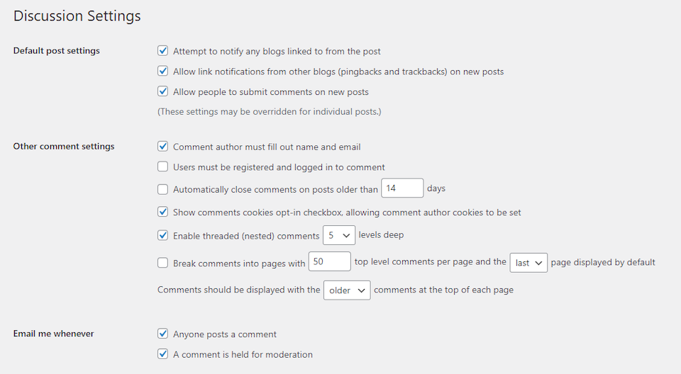 La configuración de discusión de WordPress.
