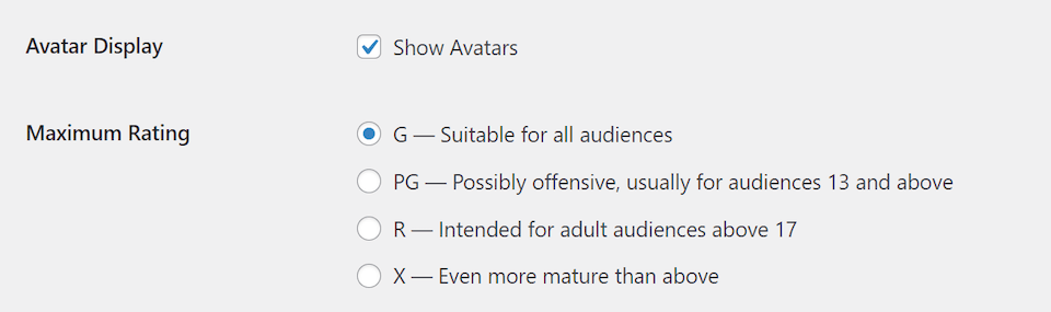 La configuración de visualización del avatar en WordPress.