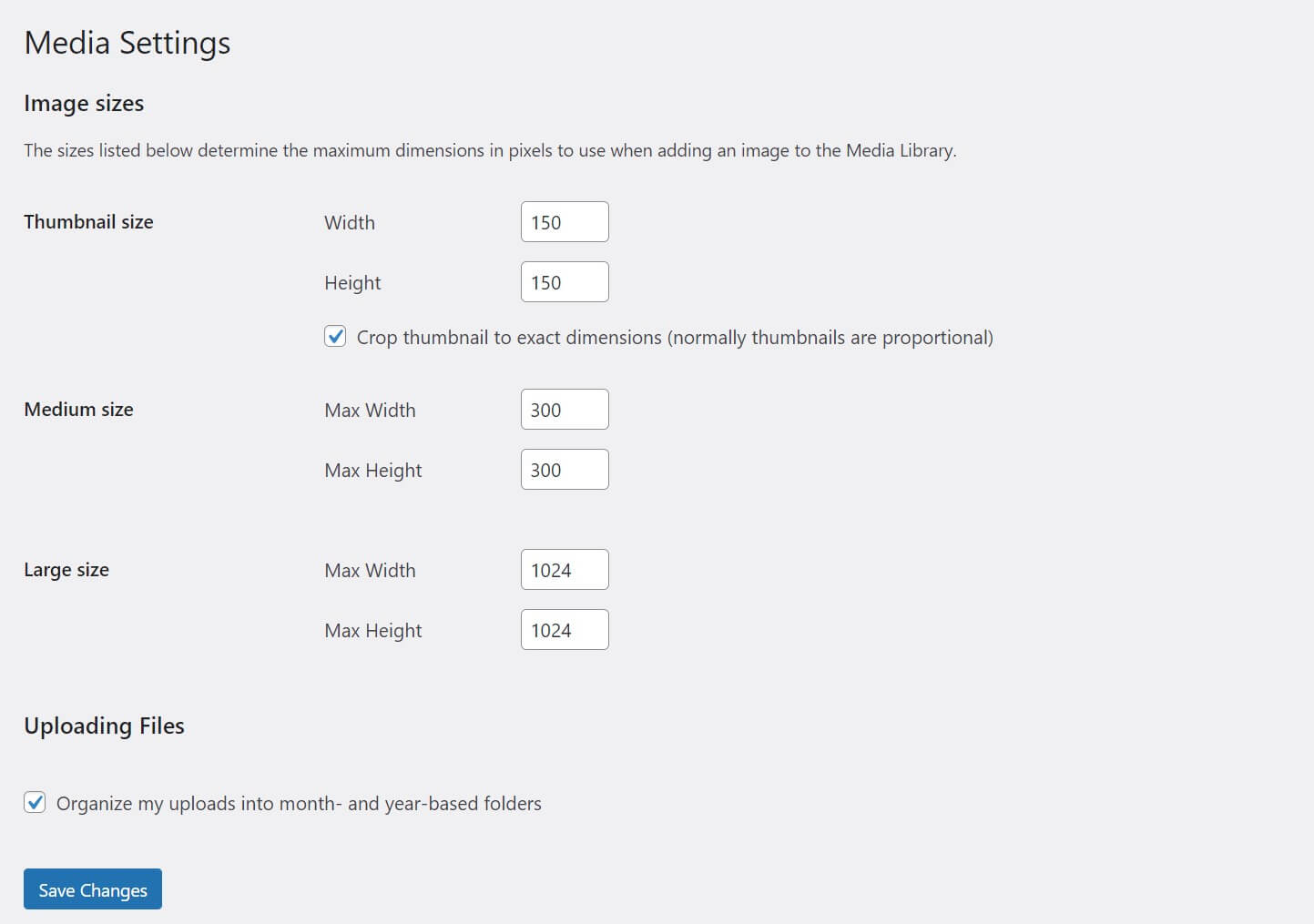 La página de configuración de medios de WordPress.