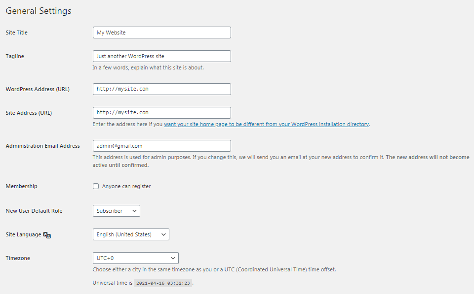 Экран общих настроек WordPress.