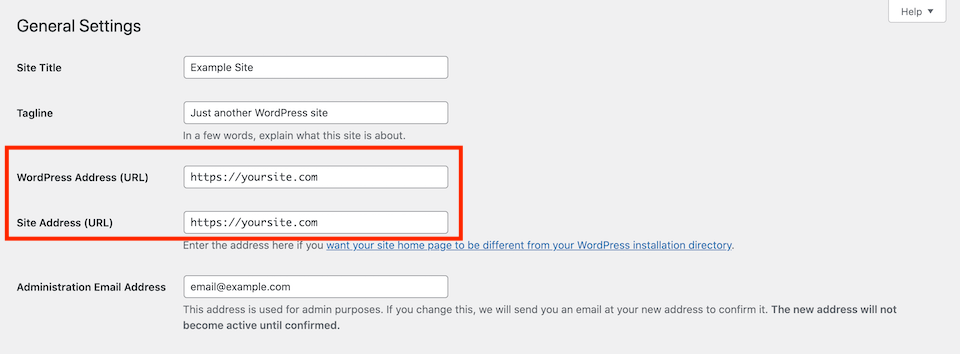 Настройки адреса WordPress и адреса сайта.