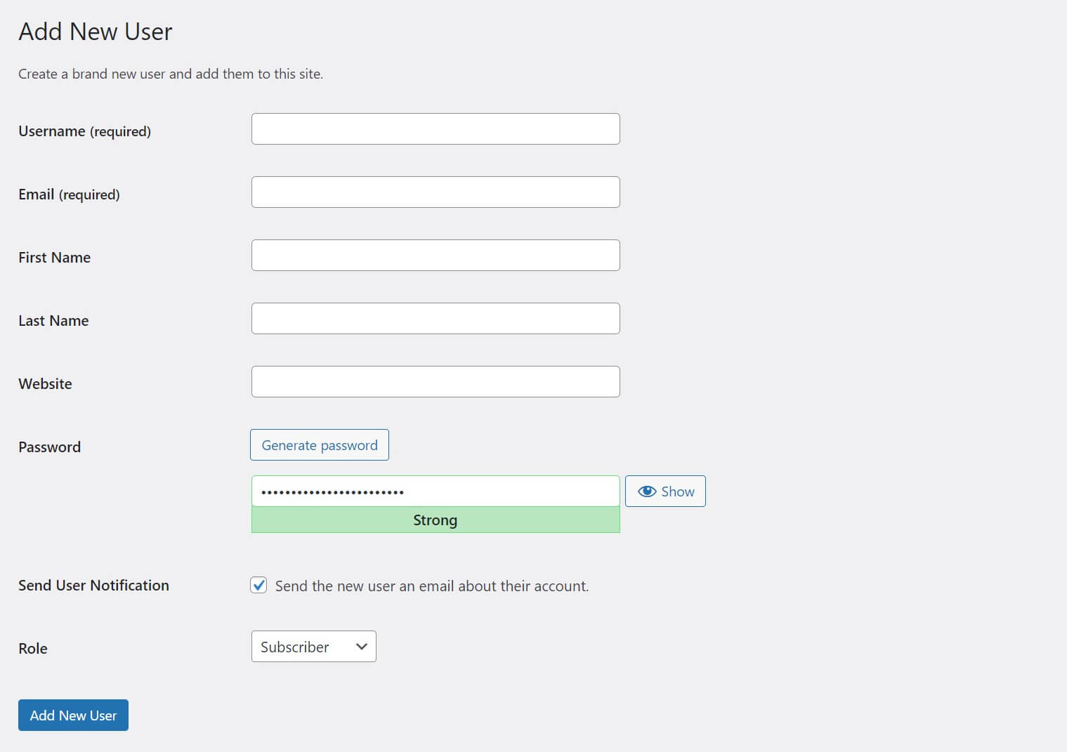 O formulário Adicionar Novo Usuário no WordPress.