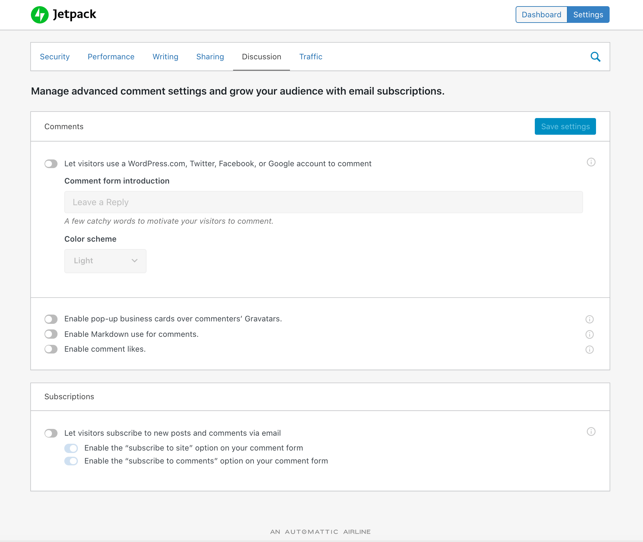 As configurações de comentários do Jetpack.