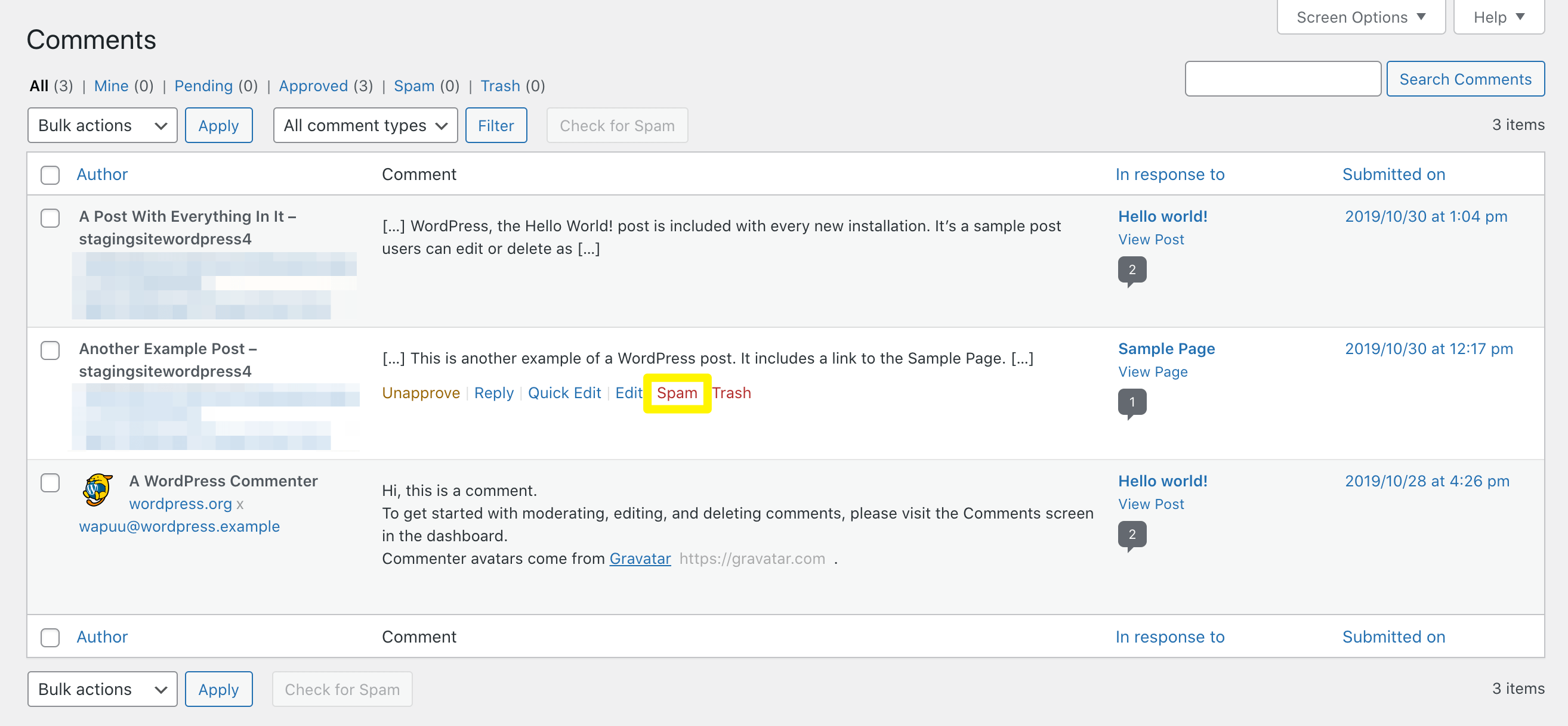 Marcando um comentário como spam no WordPress.