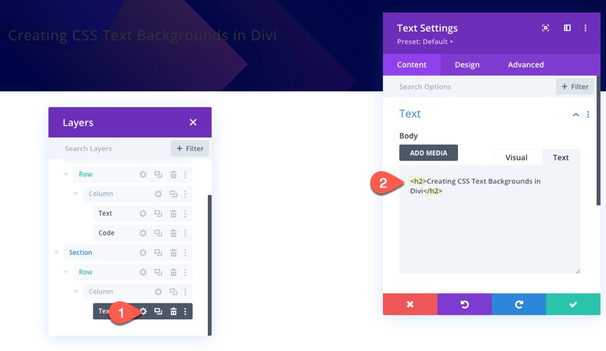 tła tekstowe css w divi