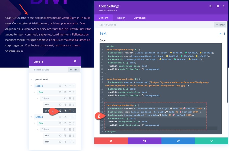 tła tekstowe css w divi