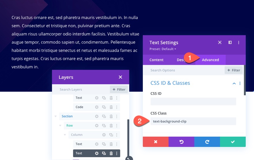 tła tekstowe css w divi