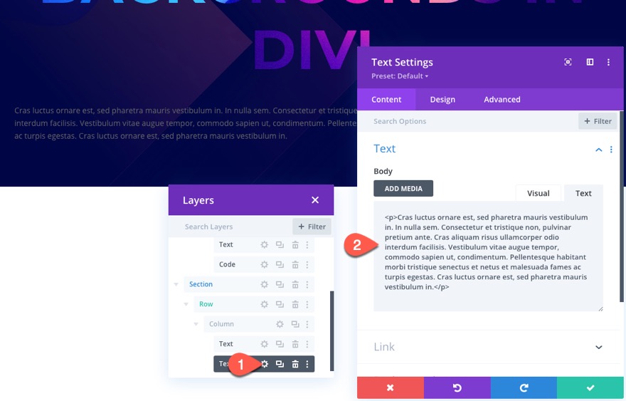 tła tekstowe css w divi