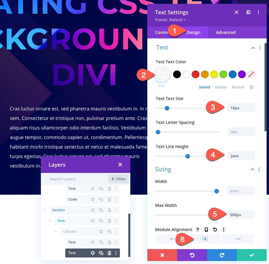 tła tekstowe css w divi