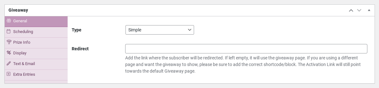 L'interface du plugin Simple Giveaways.