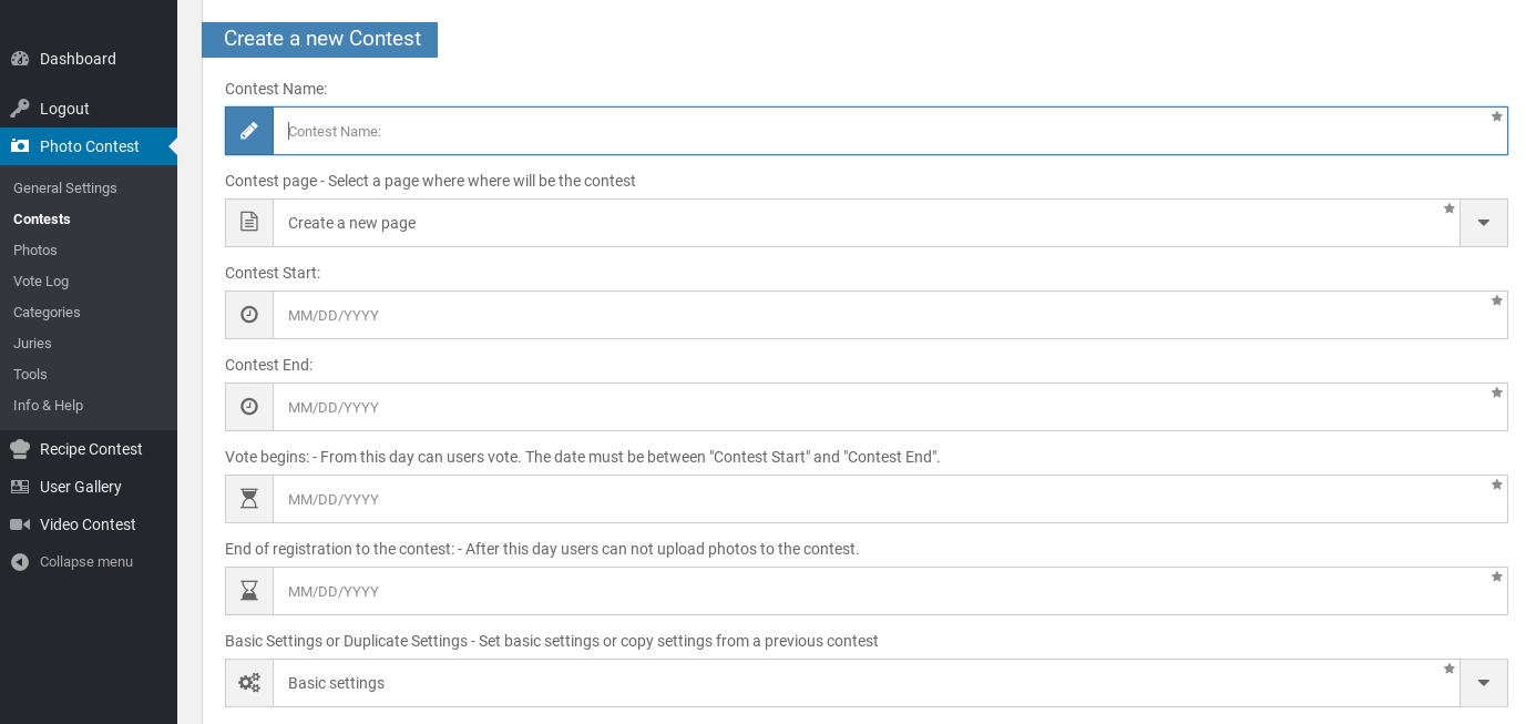 L'interface du plugin WordPress du concours photo.