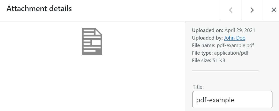 Okno szczegółów załącznika PDF w WordPress