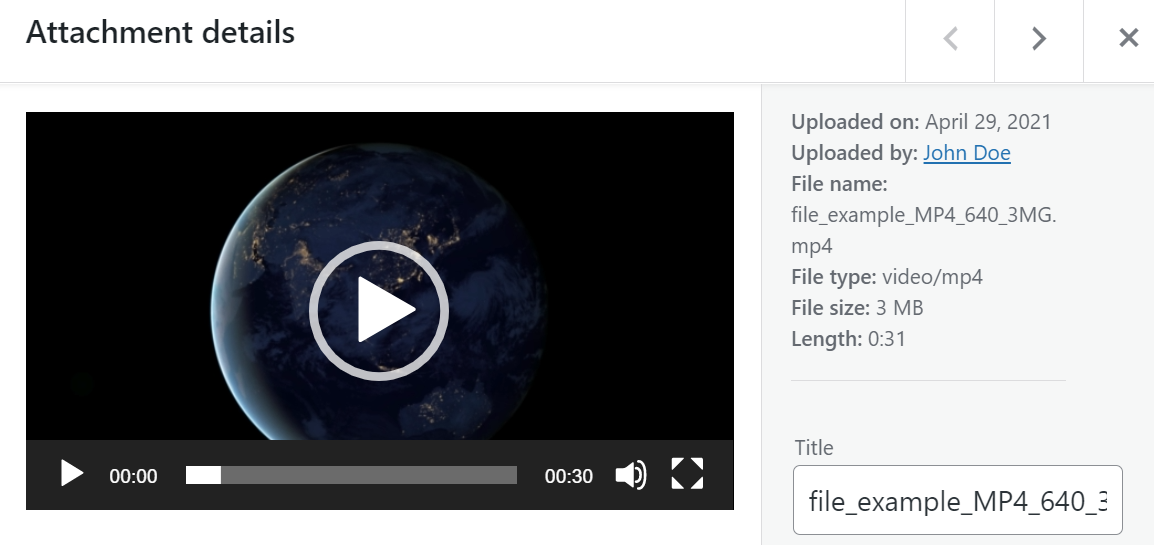 Okno szczegółów załącznika wideo w WordPress
