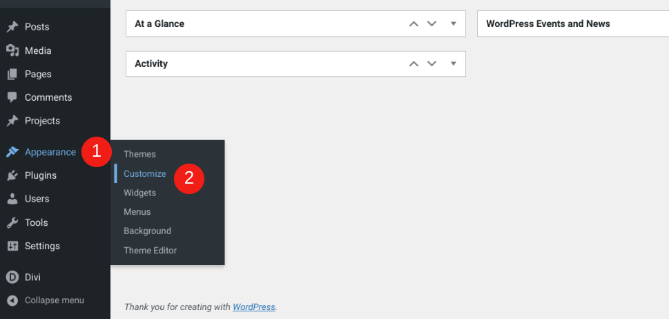 WordPress Görünümü > Menü öğesini özelleştirin.