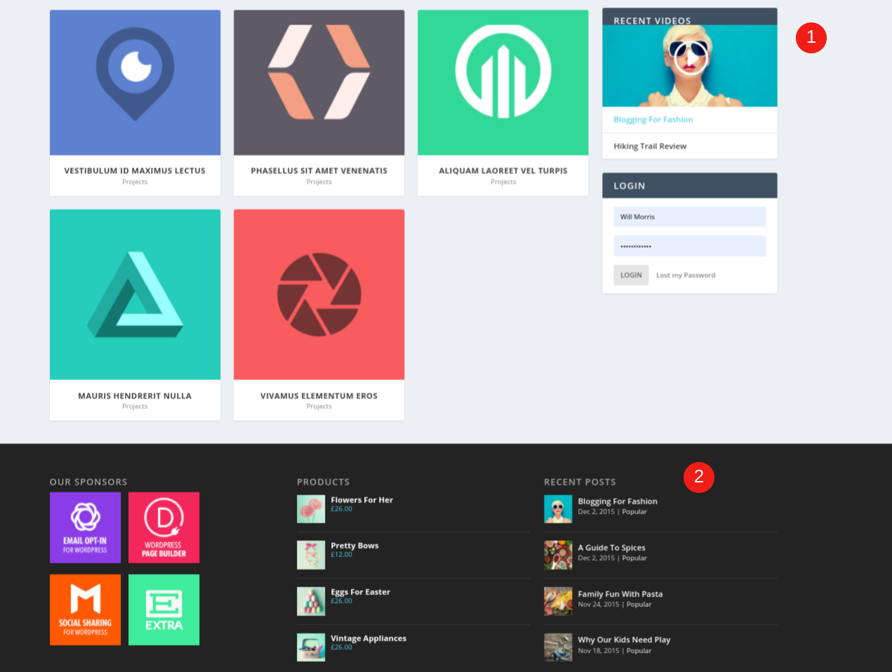 Kenar çubuğuna ve altbilgi alanına yerleştirilmiş WordPress widget'ları.
