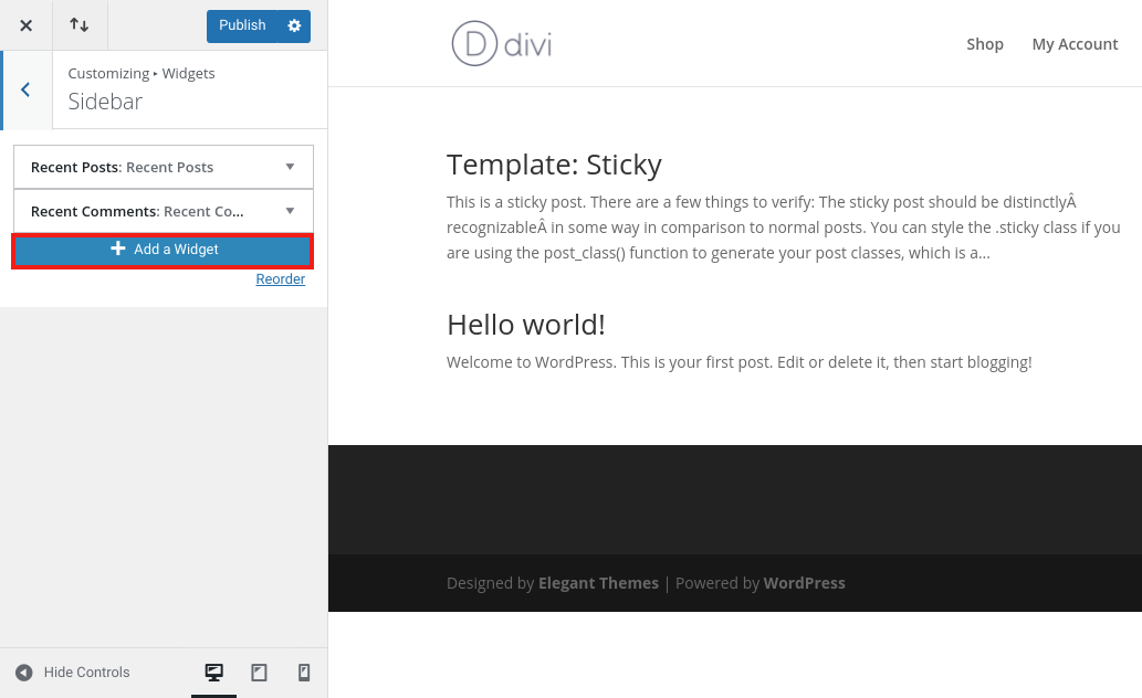 WordPress Tema Özelleştirici'deki "Bir Widget Ekle" düğmesi.