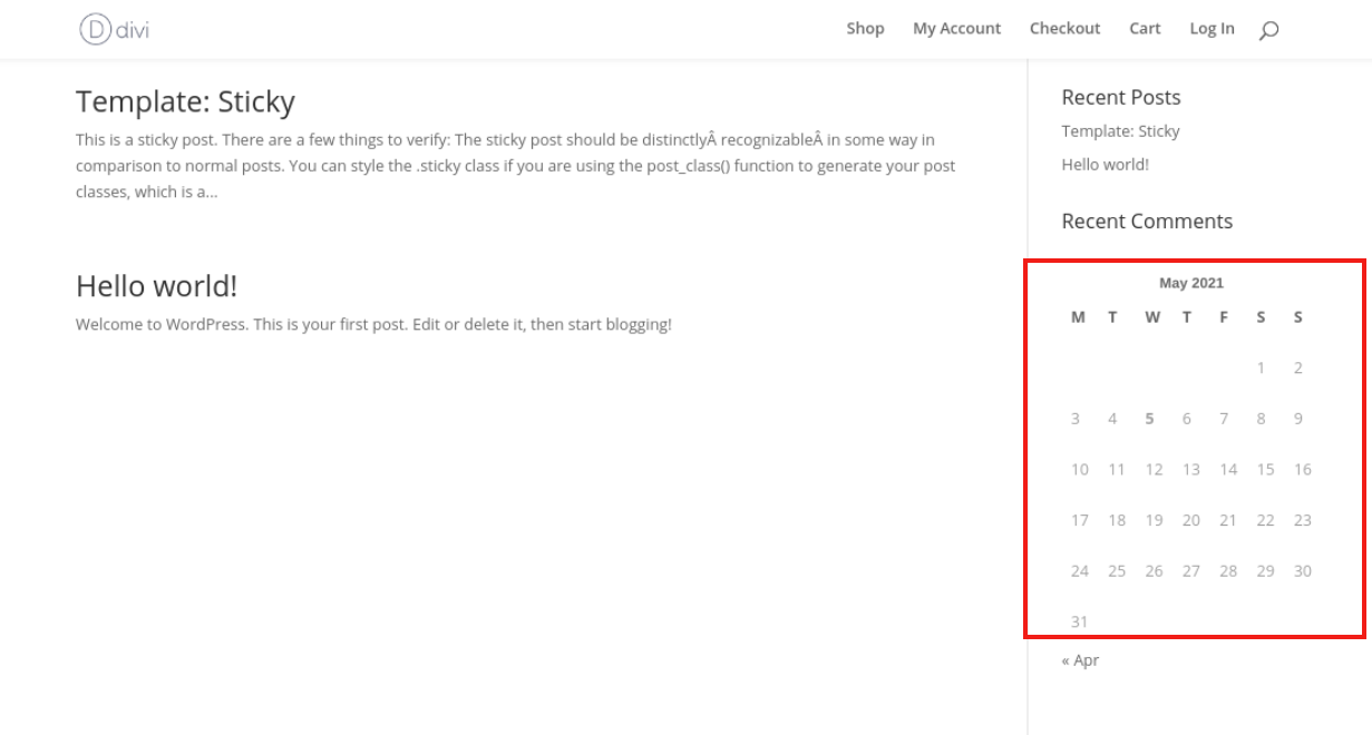 Bir WordPress kenar çubuğuna yerleştirilmiş takvim widget'ının bir önizlemesi.