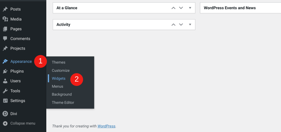 WordPress Görünümü > WidgetWordPress Görünümü > Widget'lar menü öğesi.s menü öğesi.