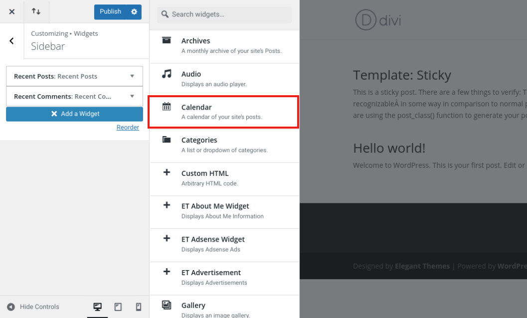 Takvim widget'ını WordPress Tema Özelleştirici'ye ekleme.