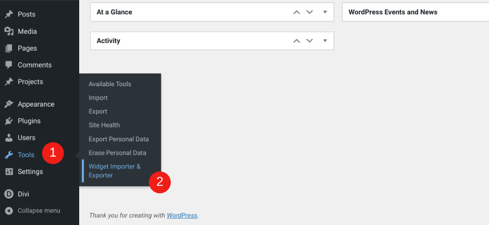 WordPress'teki Araçlar > Widget İçe Aktarıcı ve Dışa Aktarıcı menü öğesi.