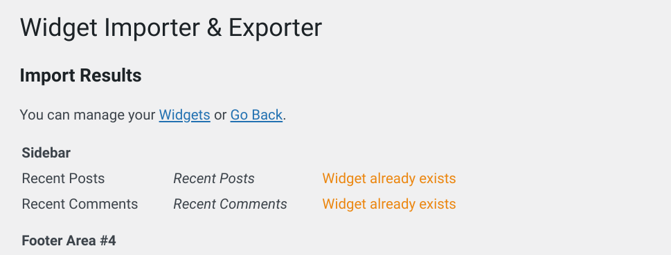 Widget Importer & Exporter eklentisinden 'Widget zaten var' bildirimi.