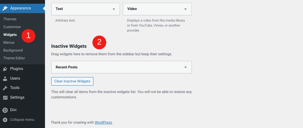 WordPress'in etkin olmayan widget'lar bölümü.