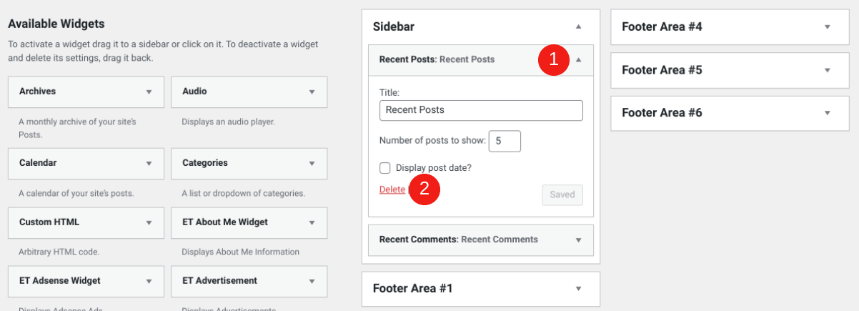 Bir WordPress widget'ını silme seçeneği.