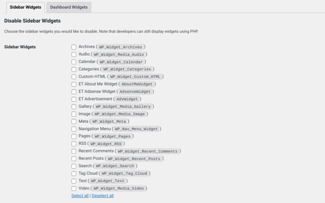 WP Widget'ları Devre Dışı Bırak eklenti ekranı.