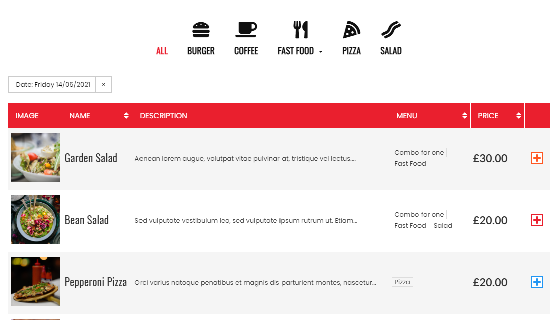 Un menu de restaurant à table dans WordPress