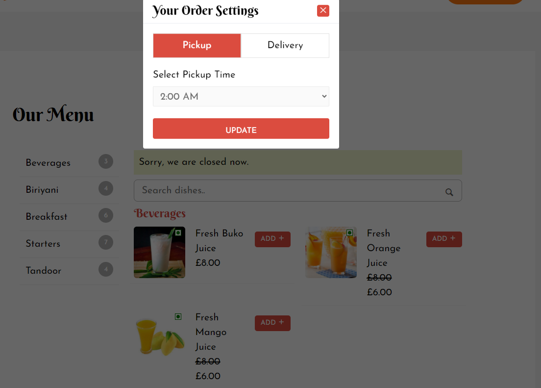 Un menu de restaurant créé à l'aide du plugin Food Store
