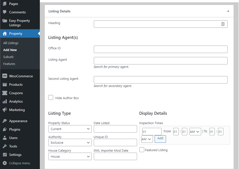 Easy PropertyListingsを使用してリストの詳細を追加する