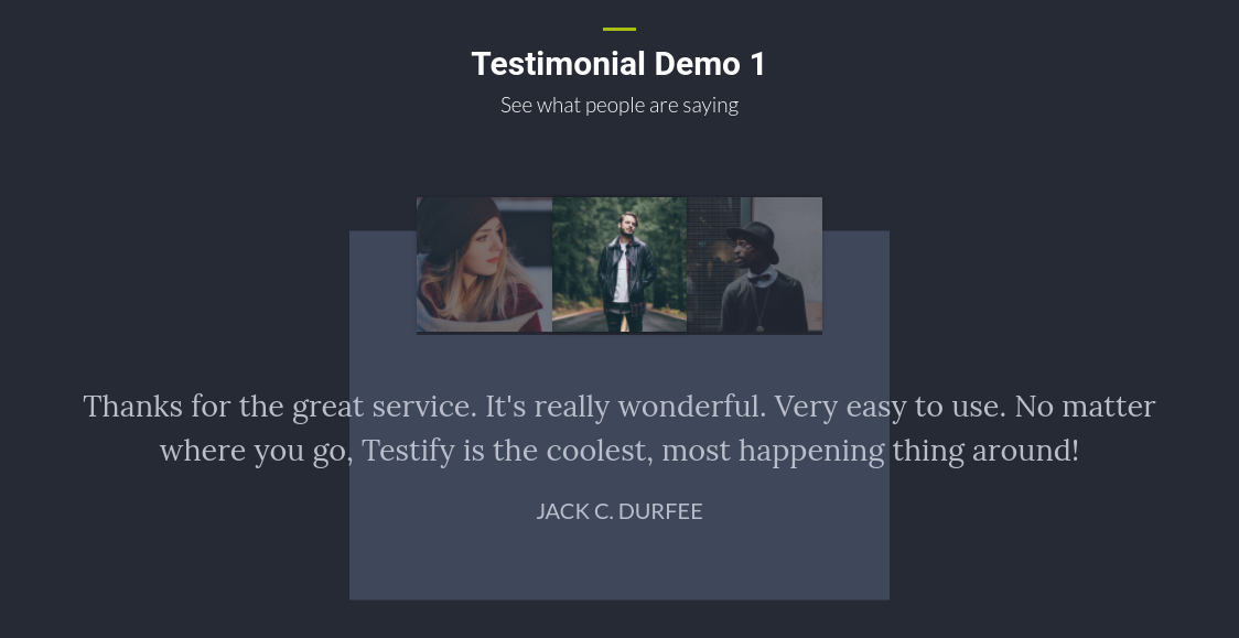 Demo rozszerzenia Testify Testimonial Carousel Divi.