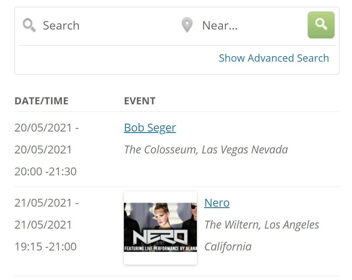 Un ejemplo de una página de eventos en WordPress