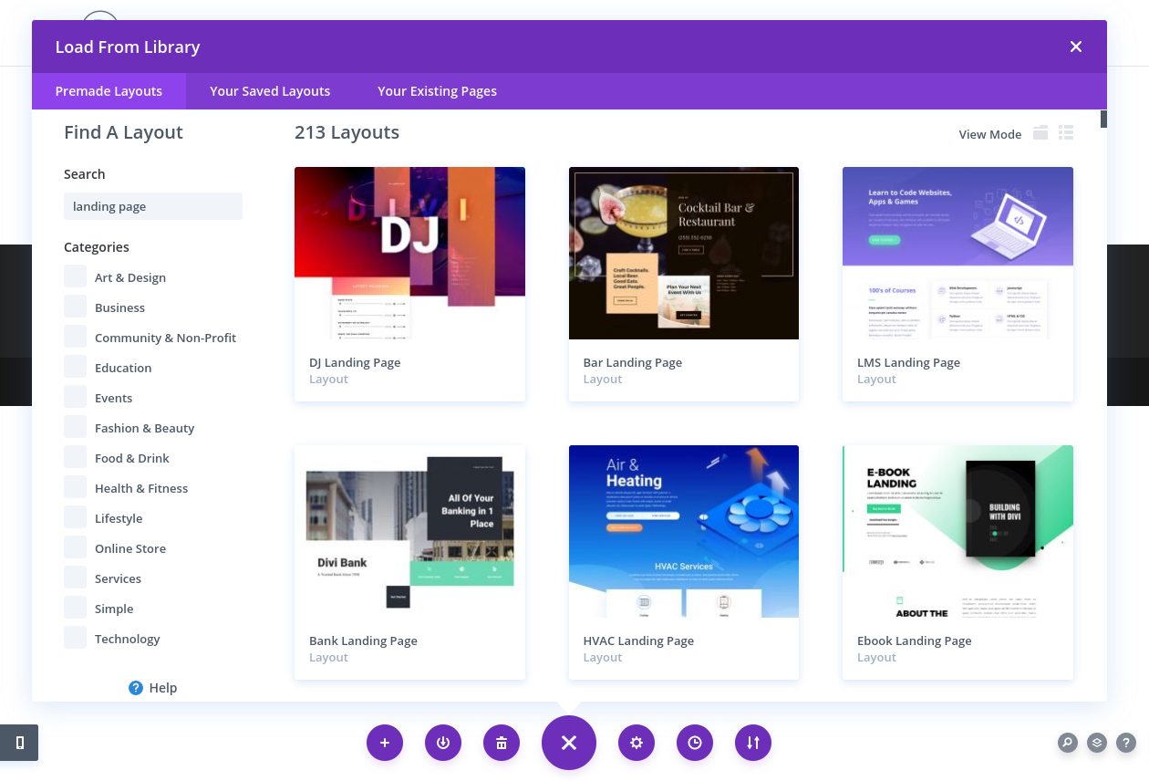 การเลือกเลย์เอาต์ที่สร้างไว้ล่วงหน้าของ Divi Builder สำหรับแลนดิ้งเพจ