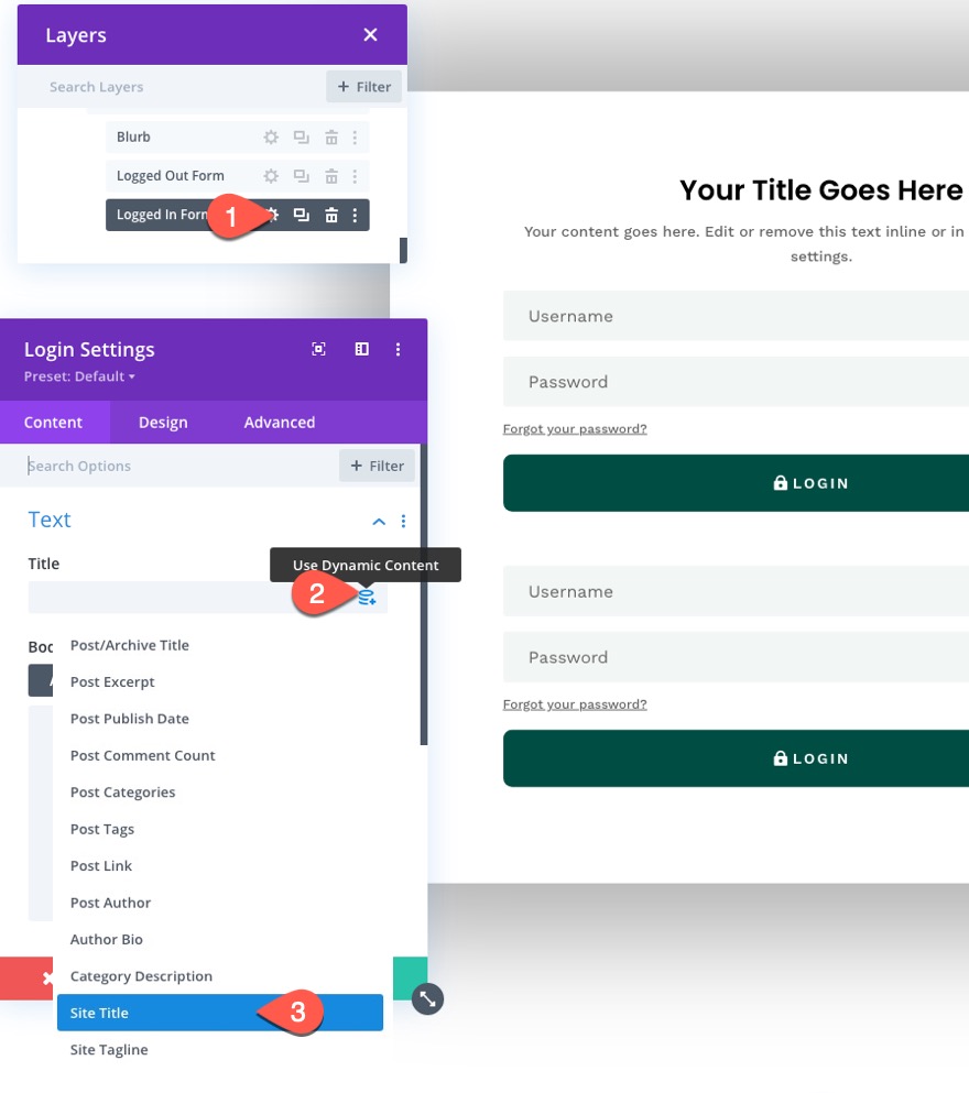 divi modulo di accesso popup con pulsanti di accesso/disconnessione