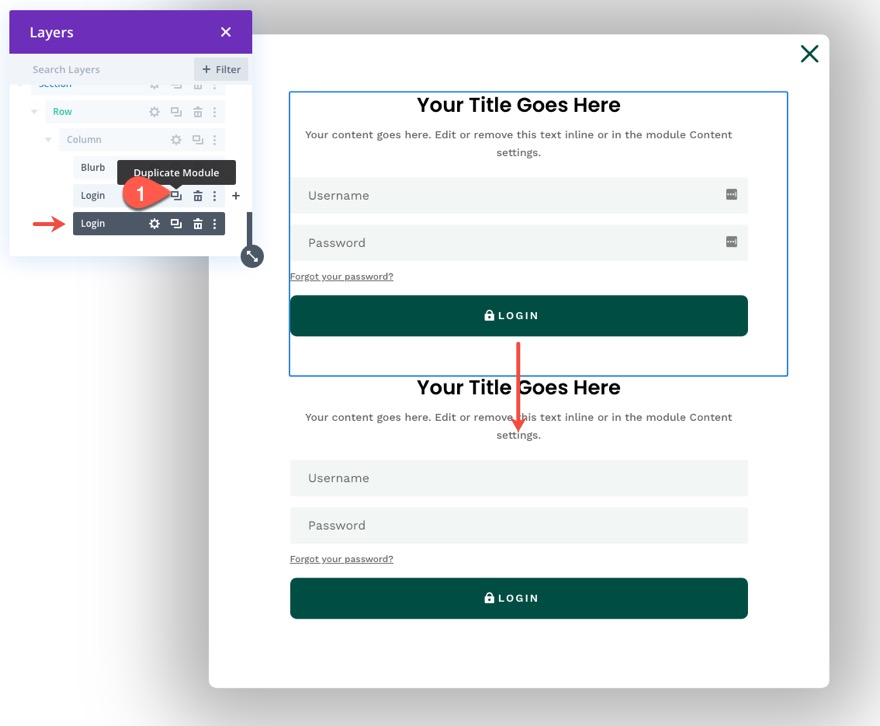 divi modulo di accesso popup con pulsanti di accesso/disconnessione