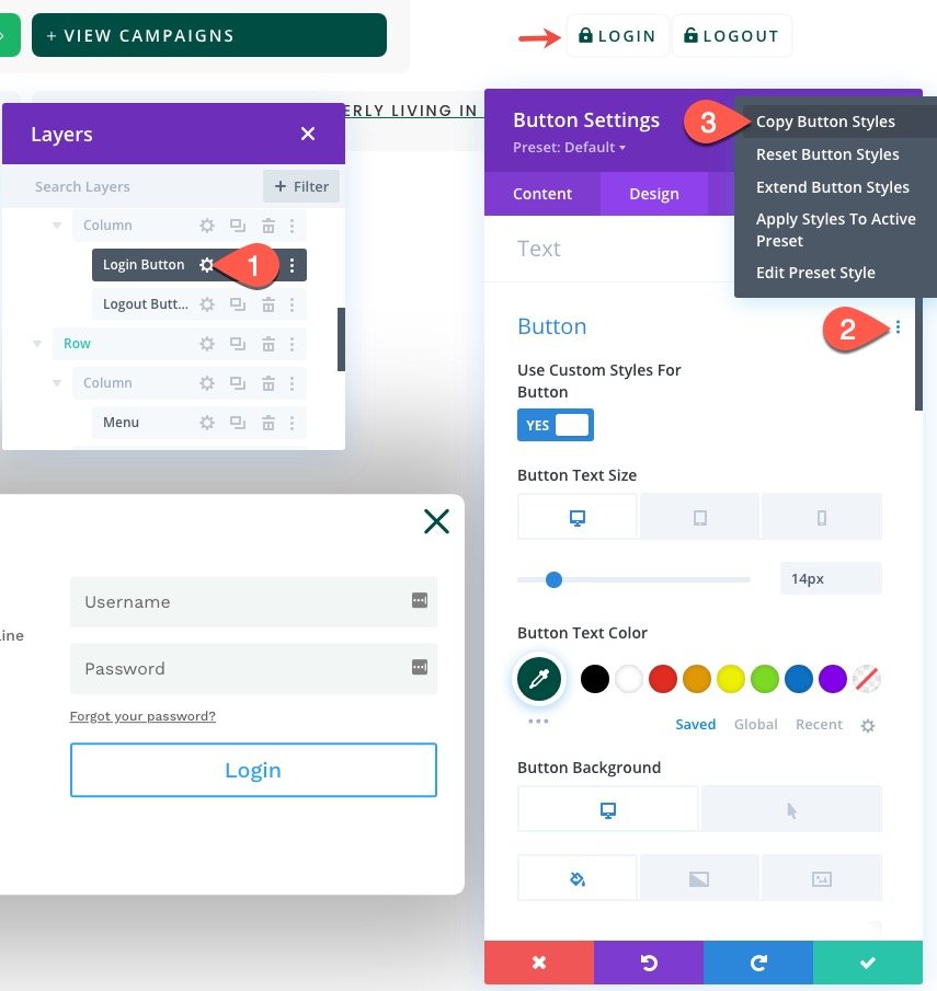 divi modulo di accesso popup con pulsanti di accesso/disconnessione