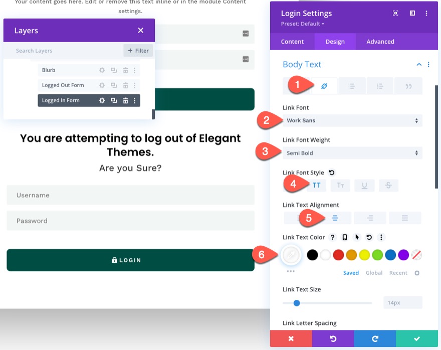 divi modulo di accesso popup con pulsanti di accesso/disconnessione