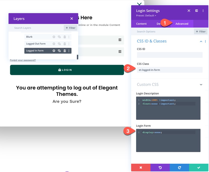 divi modulo di accesso popup con pulsanti di accesso/disconnessione