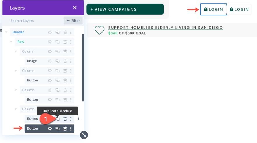 divi modulo di accesso popup con pulsanti di accesso/disconnessione