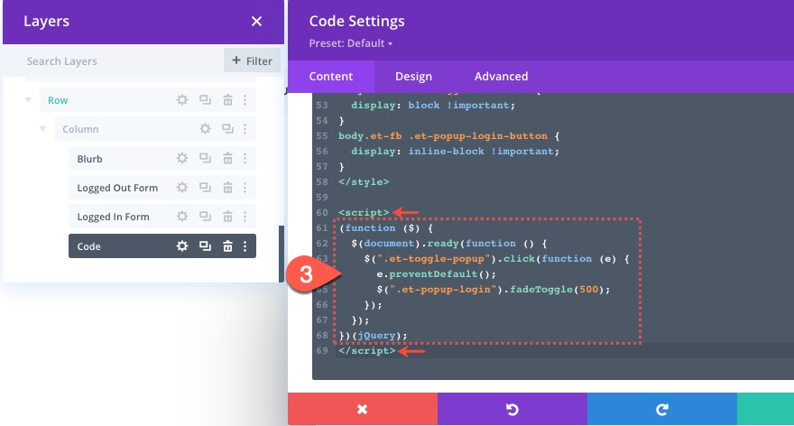 divi modulo di accesso popup con pulsanti di accesso/disconnessione