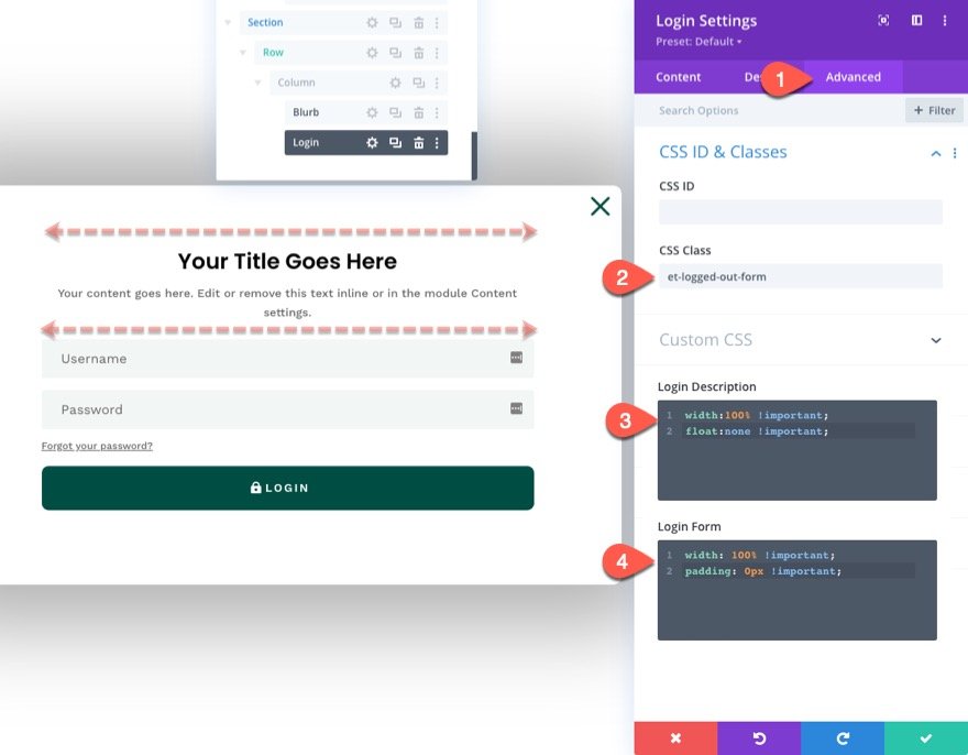 divi modulo di accesso popup con pulsanti di accesso/disconnessione