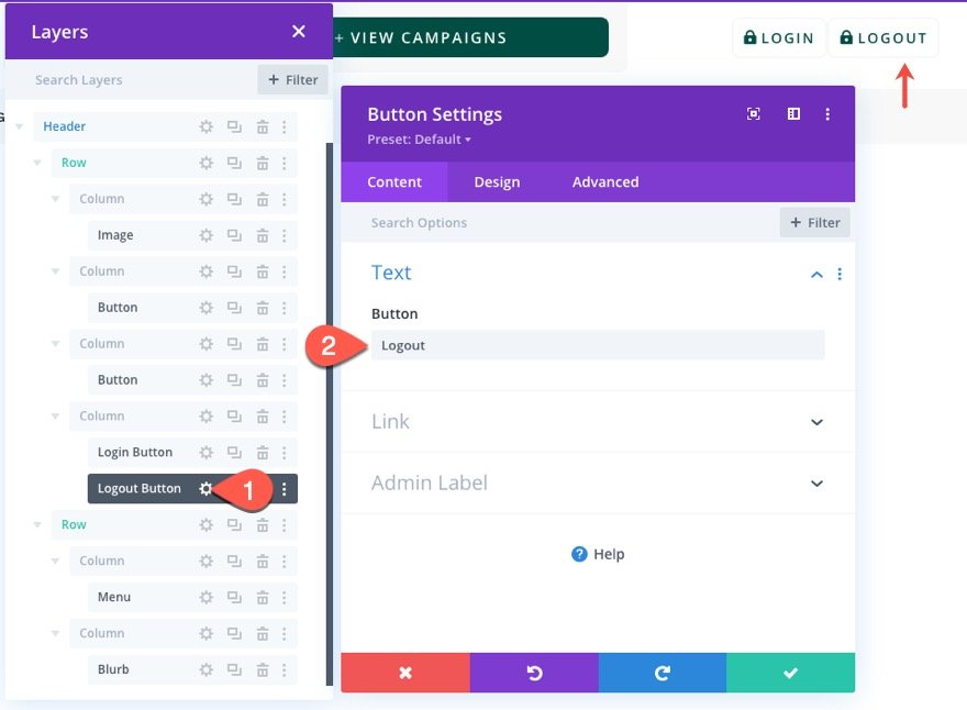 divi modulo di accesso popup con pulsanti di accesso/disconnessione