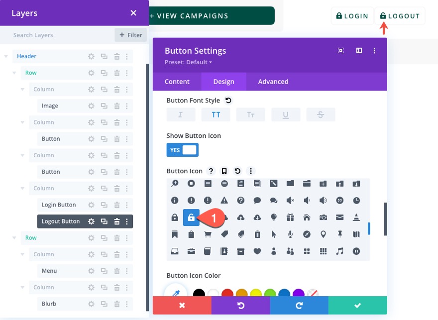 divi modulo di accesso popup con pulsanti di accesso/disconnessione