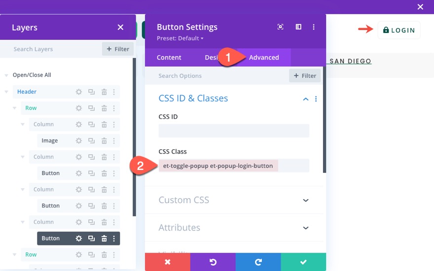 divi modulo di accesso popup con pulsanti di accesso/disconnessione