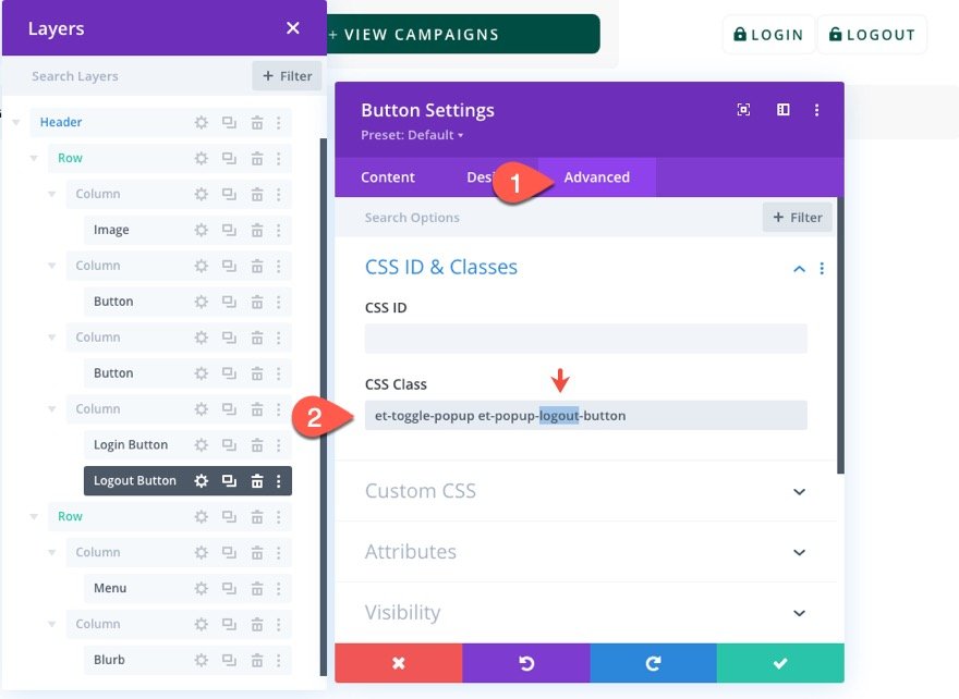 divi modulo di accesso popup con pulsanti di accesso/disconnessione